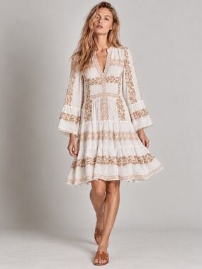 Hale Bob Taliah Gold Embroidered Crinkle Gauze Dress XS